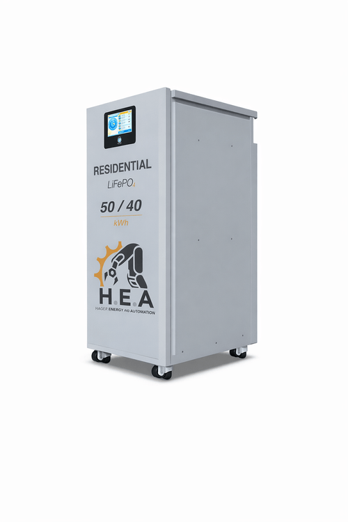 50kWh 51.2V LiFePO4 Battery for Home & commercial use with digital display and wheeled cabinet, ideal for solar backup power kits.